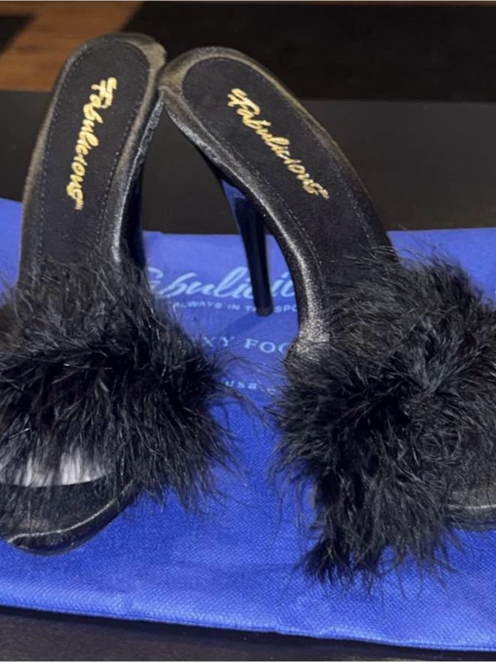 Black Feather Platform Slip on Heels
